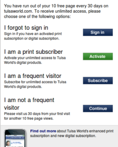 Tulsa World Subscriber Popup